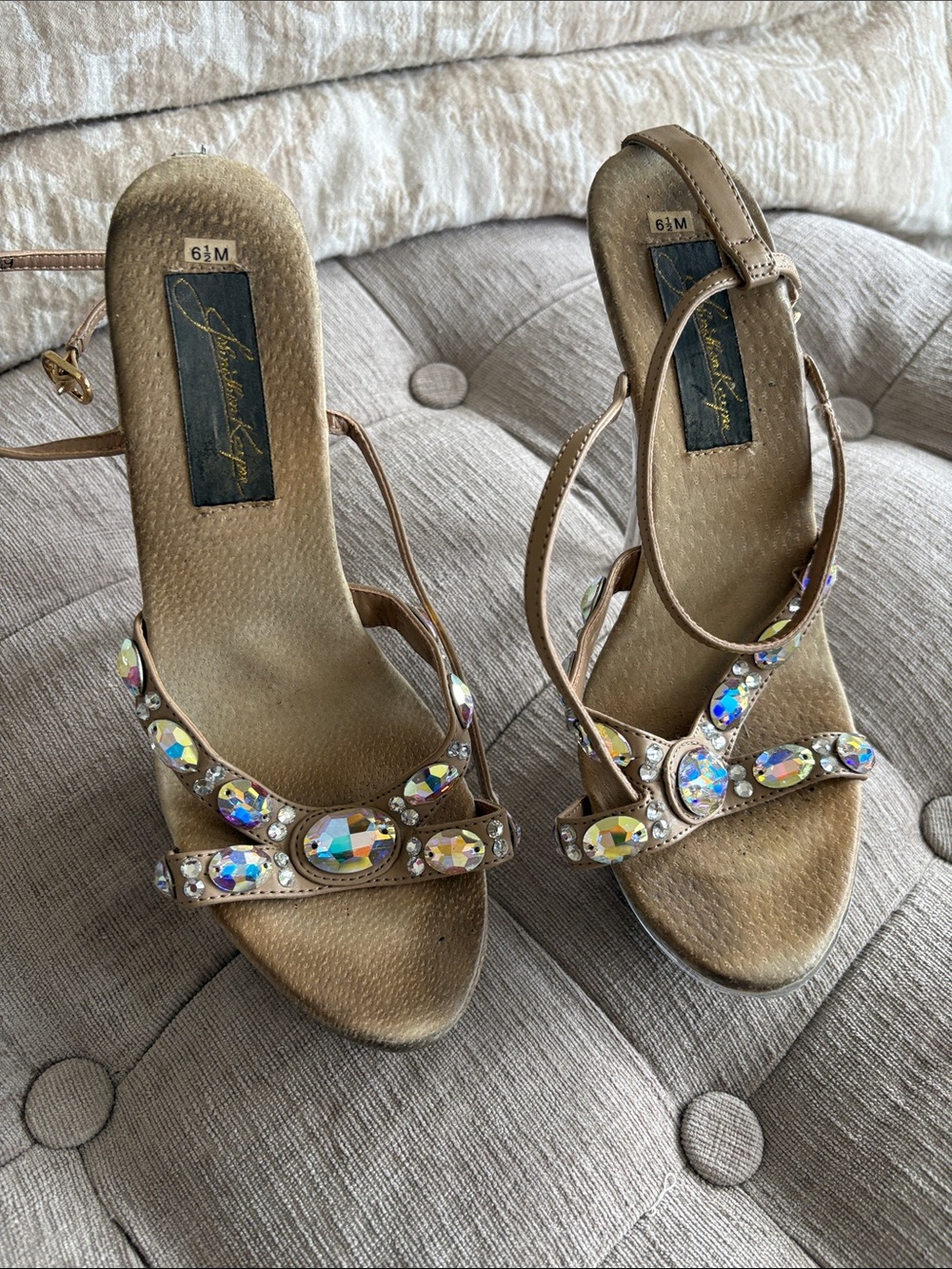 Johnathan Kayne Tan Strappy Heels with Iridescent Crystal Accents
